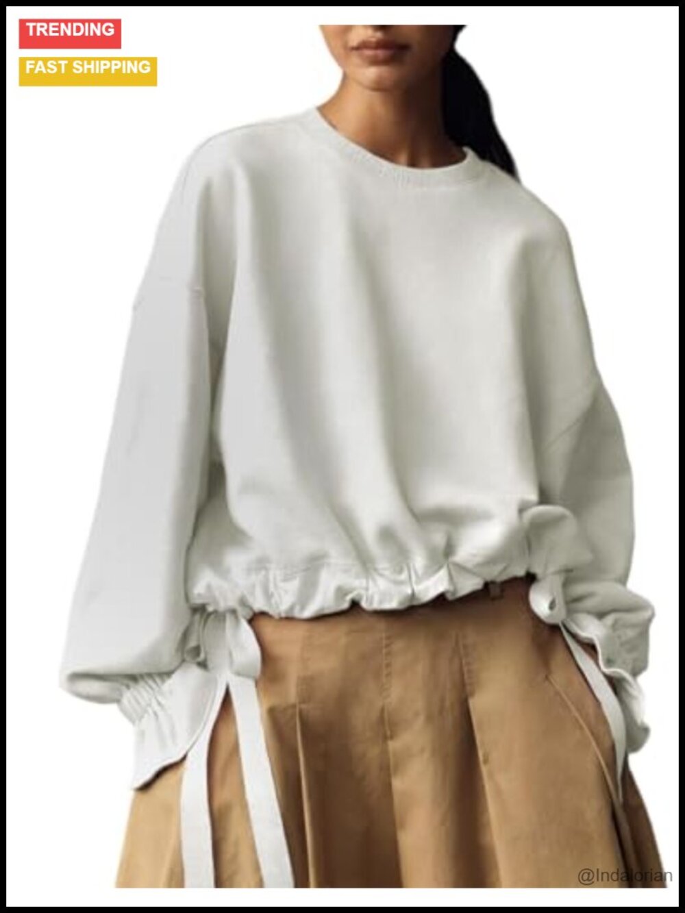 Oversized Long Sleeve Crewneck Sweatshirt with Tie Waist Ruffled Cuffs